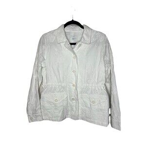 J Jill Jacket Women XS Petite White Linen Floral Embroidered Pockets Beach NWT